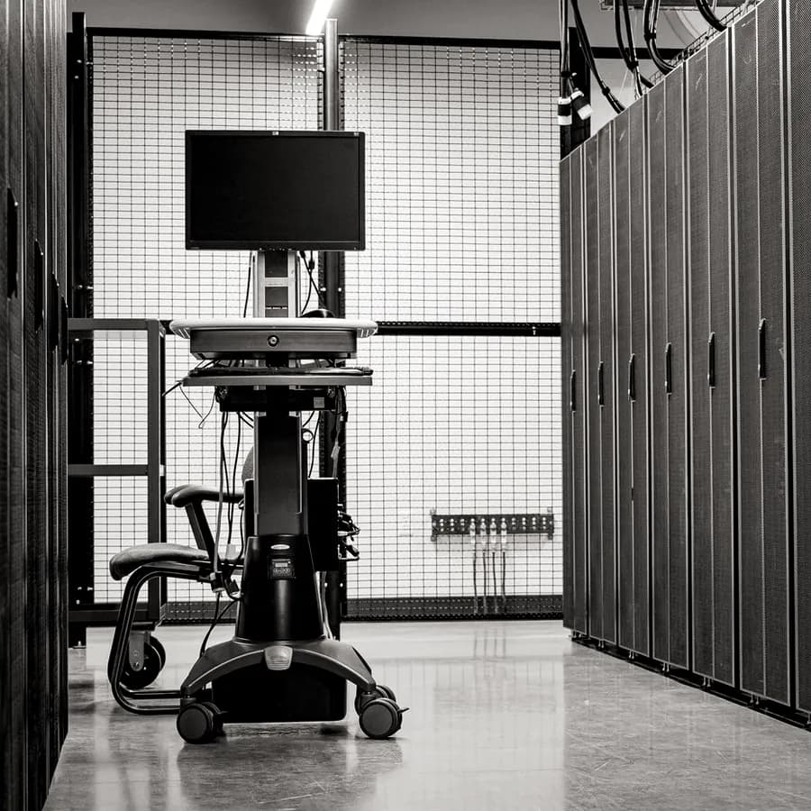 Data centre aisle with a maintenance workstation